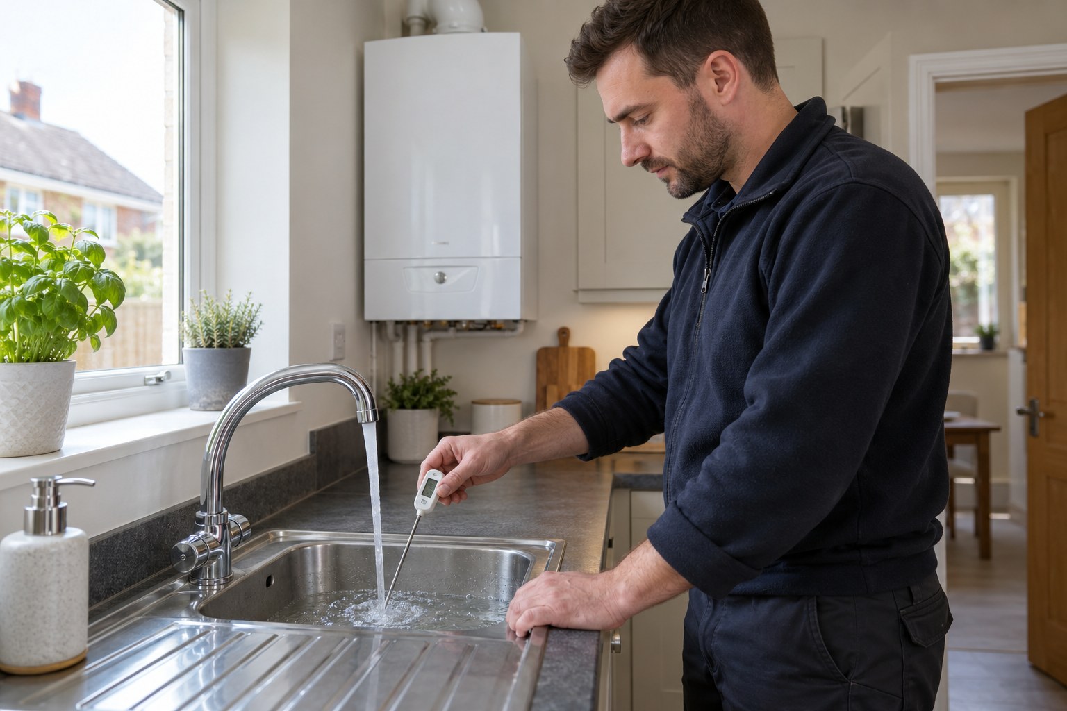 Heating engineer checking hot water temperature at a kitchen tap