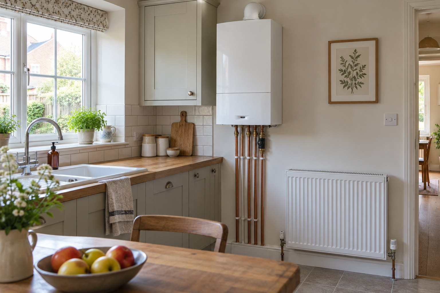Wall-mounted combi boiler and panel radiator in a British kitchen
