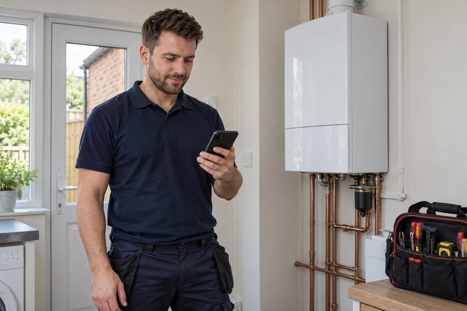 Heating engineer checking a mobile phone beside a closed boiler