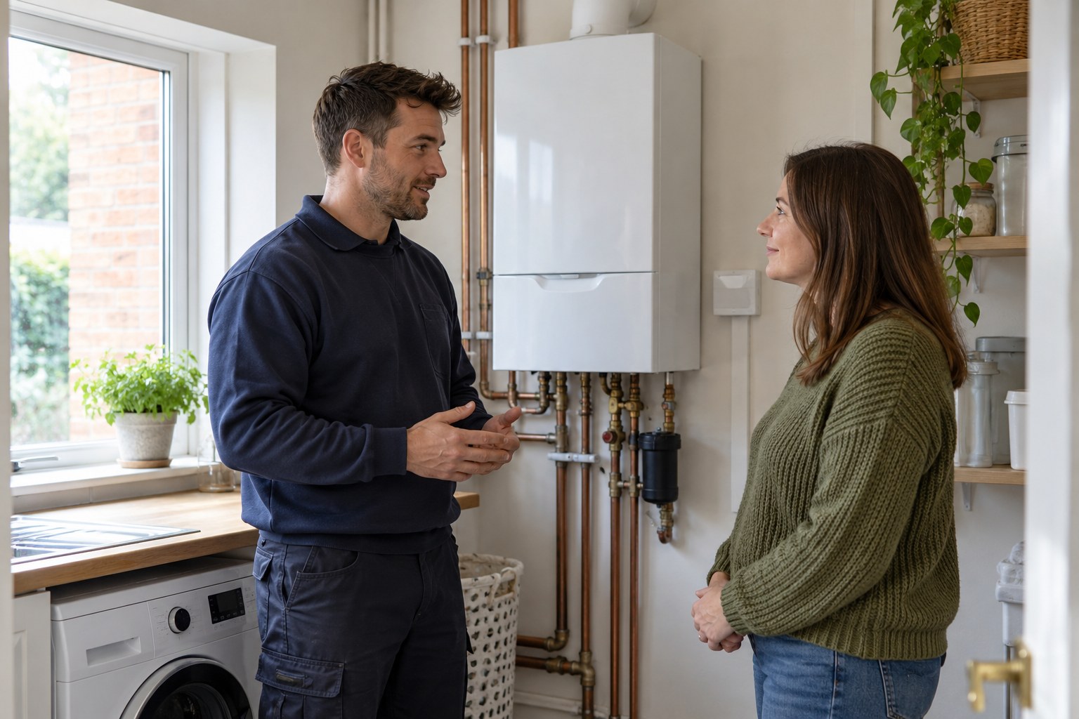 Heating engineer discussing a closed combi boiler with a homeowner