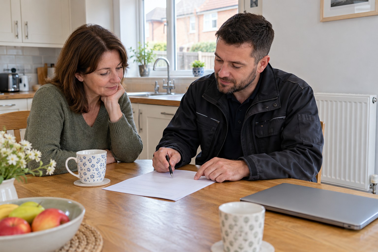Homeowner and heating engineer discussing a quotation at a kitchen table