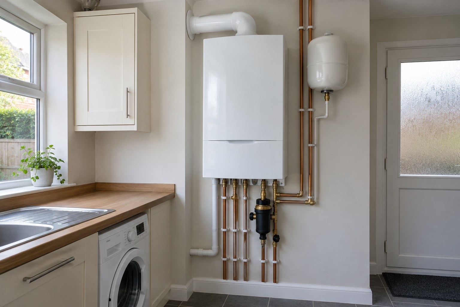 New wall-mounted combi boiler with copper pipework and a system filter