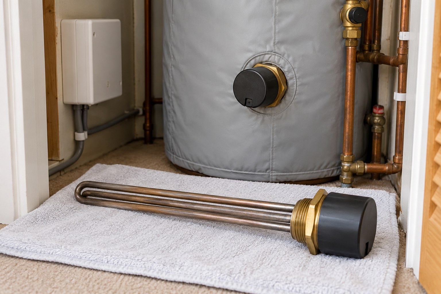 Replacement immersion heater element beside an insulated hot water cylinder