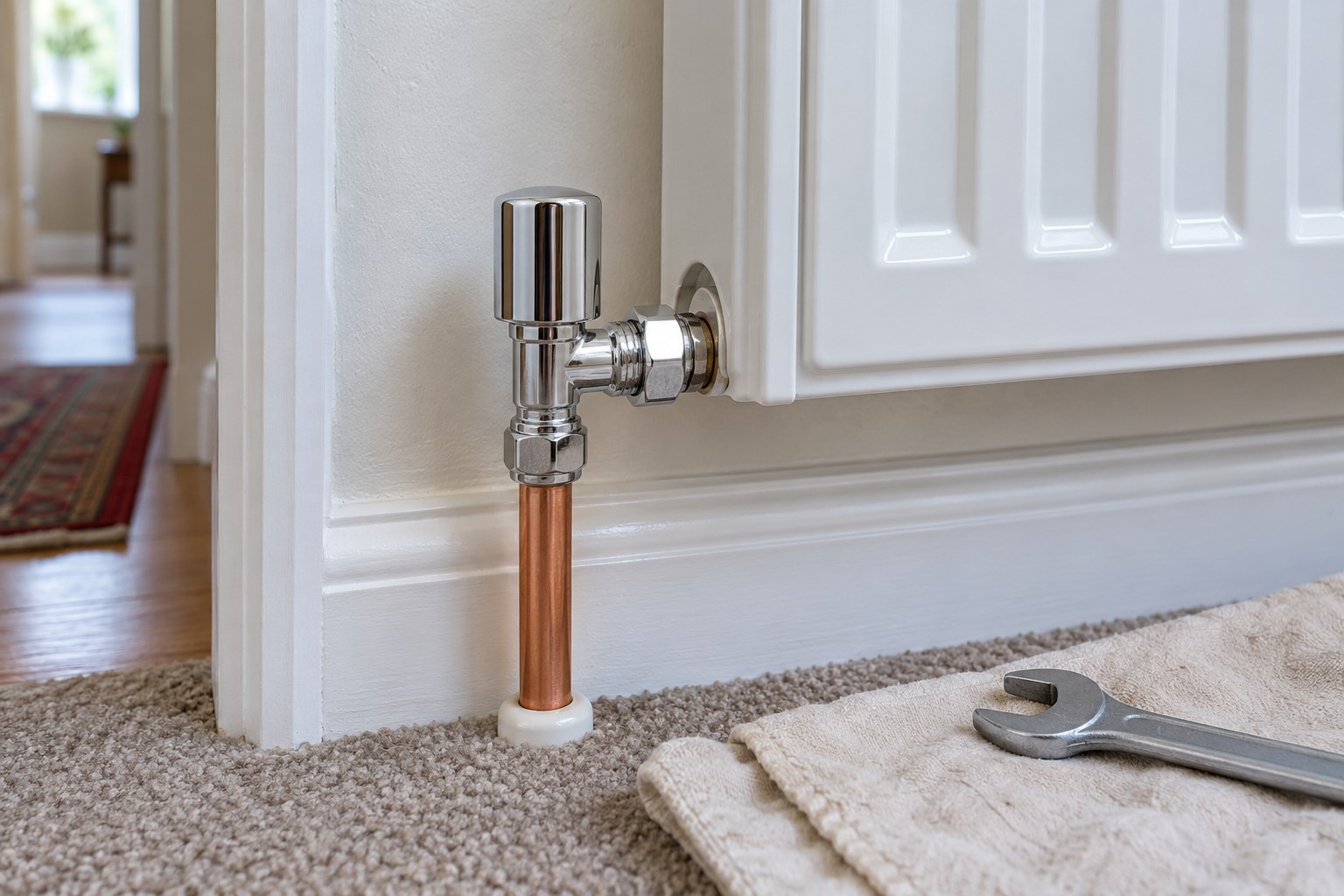 New manual radiator valve connected to copper pipework in a hallway
