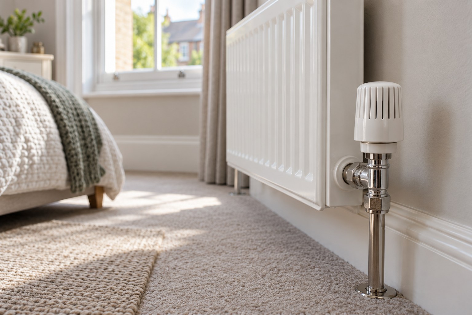 White thermostatic valve fitted to a bedroom panel radiator